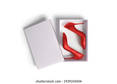 Opened Box With Red Woman Shoes Isolated On White Background - 3d Render Top Down View