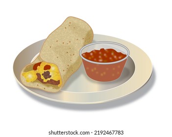 A  Opened Burrito On A Plate With A Cup Of Salsa