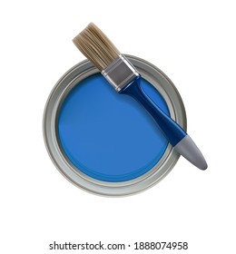 Opened can of blue paint and paintbrush. View from above. 3D Illustration