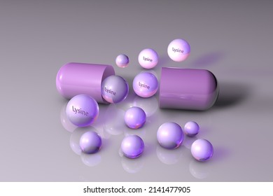Opened capsule with very peri lysine drops. Lysine is an essential amino acid used in the biosynthesis of proteins. Healthy life concept. Medical background. Scientific background. 3d illustration
