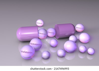 Opened Capsule With Very Peri Melatonin Drops. Melatonin Is A Hormone That Regulates Sleep And Wakefulness. It Uses To Treat Of Insomnia. Medical Background. Scientific Background. 3d Illustration