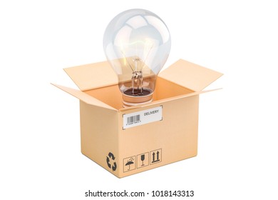 Opened cardboard box with lightbulb inside, new idea concept. 3D rendering