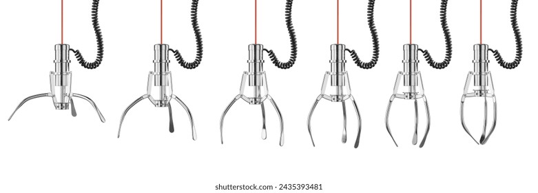 Opened and Closed Chrome Machine Claw Hand isolated on a white background. Robotic Claw Hand in different positions. 3d illustration.