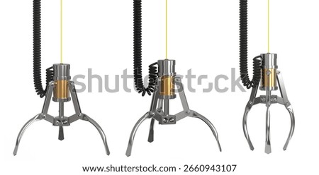 Opened and closed chrome robotic claw. Claw arcade game. Toy claw machine isolated on transparent background. 3d illustration