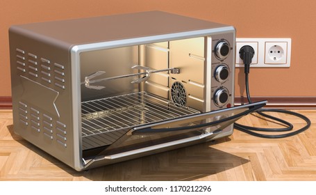 Opened Convection Toaster Oven With Rotisserie And Grill In Interior, 3D Rendering