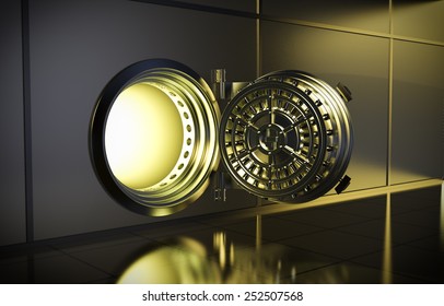 Opened Door Of Bank Vault With A Yellow Light Coming From Inside (3d Render)