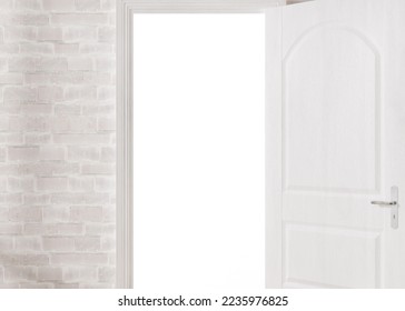 Opened door in empty white room. Copy space. Template to integrate your picture, text. Close up view. 3D rendering