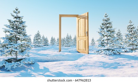 Opened Door. A Portal In Winter. 3d Rendering.