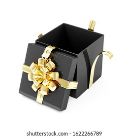 Opened Empty Black Gift Box with Gold Ribbon and Bow isolated on white background. 3D Rendering