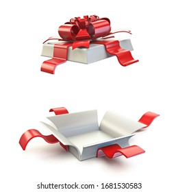 Opened empty gift box 3D render illustration isolated on white background Opened empty gift box 3D render illustration isolated on white background