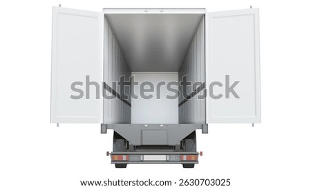 Opened empty semi trailer isolated on white background. Back view. Concept for service transportation solutions. 3D illustration.