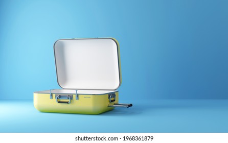 Opened Empty Yellow Travel Suitcase on Blue Studio background. 3d rendering
