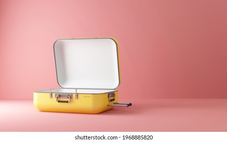 Opened Empty Yellow Travel Suitcase on Pink Studio background. 3d rendering