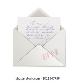 Opened envelope, letter inside, isolated. Hand-written message inside of mail. Opened missive, filled form,  illustration