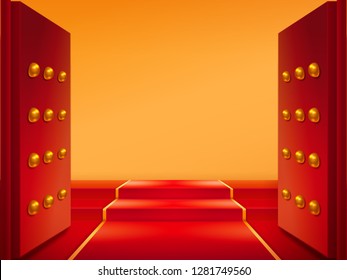 Opened Gates With Gold And Red Carpet On Stairs. Doors And Tapis At Eastern Castle Entrance Or Chinese Temple, Japan Medieval Building. Buddhism Pavilion Entry. Exit And Welcome Symbol, Asian Element