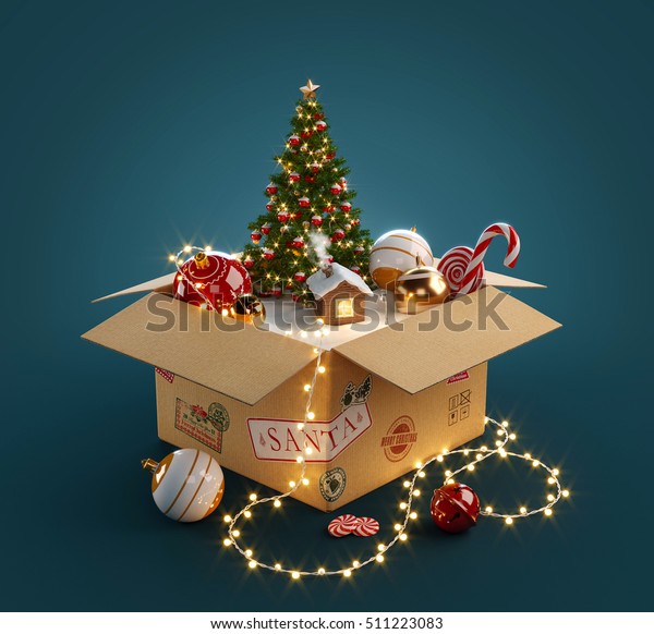 クリスマスのおもちゃ クリスマスツリー サンタのかわいい小さな家がいっぱい入ったギフトボックスが開きました 珍しいクリスマス3dイラスト のイラスト素材