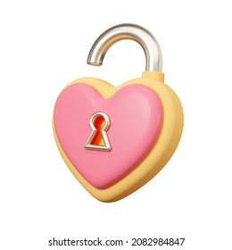 Opened Heart Padlock With Key Hole. Minimal Icon. 3d Rendering Illustration.