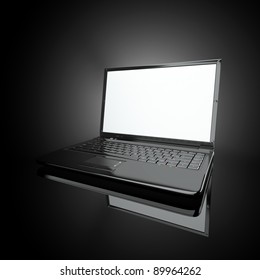 Opened Laptop On Black Background And Volume Light. 3d