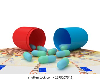 An Opened Large Medical Capsule And Scattered Small Pills On Euro Banknotes On White. 3D Illustration