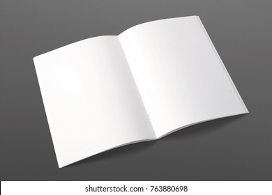 Opened Magazine Isolated On Black. 3d Render Of Blank Pages. Mockup Template For Your Showcase.