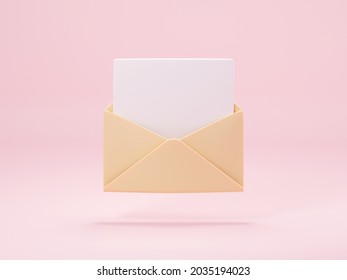 Opened mail envelope with paper inside isolated on pastel pink background. 3d render of new e-mail message notice icon. Concept of subscription to newsletter. 3d rendering illustration.
