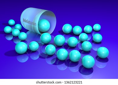 Opened Melatonin Capsule With Light Blue Granules. Melatonin Is A Hormone That Produces By Pineal Gland And Regulates Sleep And Wakefulness. It Uses For The Treatment Of Insomnia. 3d Illustration.