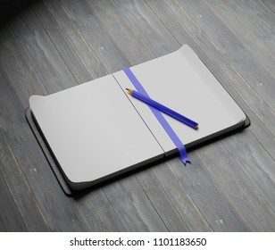 Opened notebook mock up. 3D rendering.