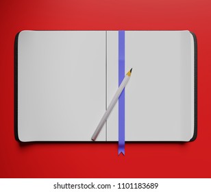 Opened notebook mock up. 3D rendering.