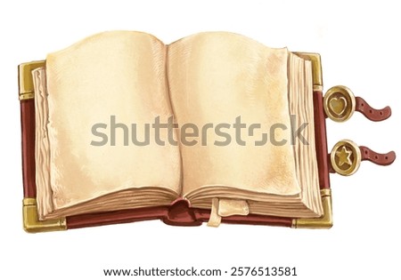 Opened old magic book with straps isolated on white background