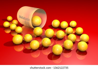 Opened Orange Melatonin Capsule With Yellow Granules. Melatonin Is A Hormone That Produces By Pineal Gland And Regulates Sleep And Wakefulness. It Uses For The Treatment Of Insomnia. 3d Illustration.