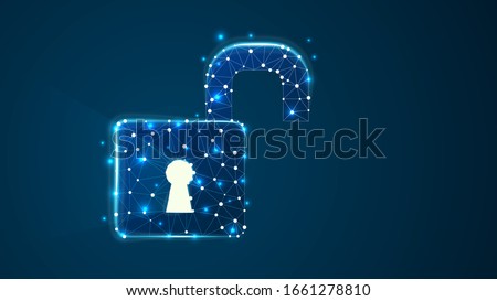 Opened padlock with long light shadow from the keyhole. Raster illustration consisting of points, lines, and shapes in the form of planets, stars, and the universe. Data security concept