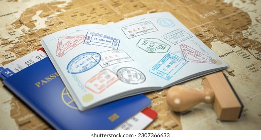 Opened passport with visa stamps with airline boarding pass tickets on the world map. Travel or turism concept.  3d illustration