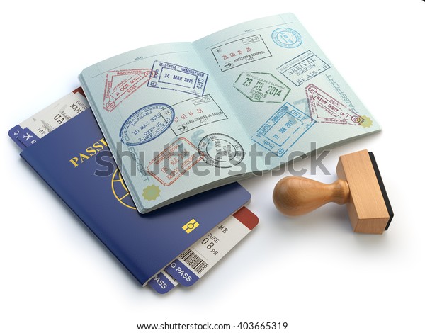 白い背景にビザ切手と航空船乗り券を付けたパスポートをオープン 旅行やターリズムのコンセプト 3dイラスト のイラスト素材