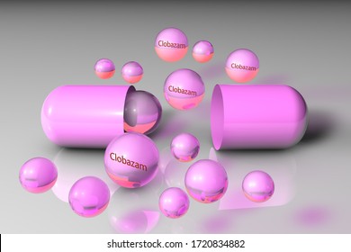 Opened pink capsule with pink clobazam drops on pink background. Clobazam is a benzodiazepine that used to treat a several form of childhood epilepsy. Medical background. 3d illustration