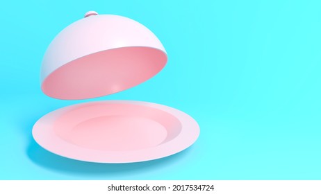 Opened Pink Cloche On Blue Background. Minimalist 3D Illustration Of Platform For Product Reveal Or Advertising With Space For Text.