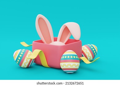 Opened pink gift box with easter bunny and colorful easter eggs on blue backgound,happy easter holiday concept.minimal style,3d rendering.