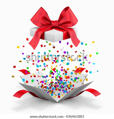 Opened realistic gift box with red bow and confetti, gift box for Birthdays, Christmas ,New Year. gift box 3d rendering