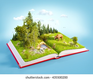 Opened red book with wild forest and bear on pages. Endangered-species list. Unusual 3D illustration - Powered by Shutterstock