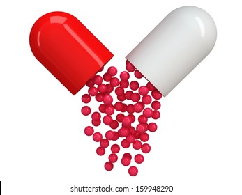 Opened red white pill capsule with crimson granules. 3d render. Pills, drugs, medicine, healthcare concept