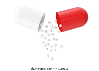 Opened red white pill capsule with white granules. 3d illustration