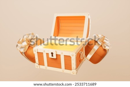 Opened retro treasure box and gift box, 3d rendering. 3D illustration.