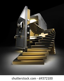 Opened safe with gold ingots isolated on black background. 3d render