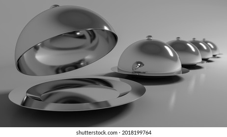 Opened Silver Cloche Standing Out Among Row. 3D Illustration Of Product Platform Reveal.