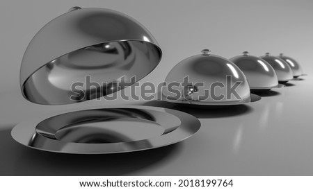 Opened silver cloche standing out among row. 3D illustration of product platform reveal.