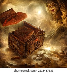 Opened Treasure Chest, Evil Eyes, Fantasy Digital Art, Game Loot Box, 3d Render, 3d Illustration