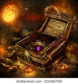 Opened Treasure Chest, Evil Eyes, Fantasy Digital Art, Game Loot Box, 3d Render, 3d Illustration