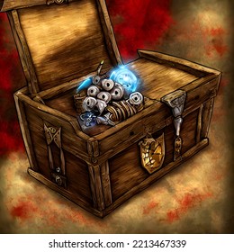 Opened Treasure Chest, Evil Eyes, Fantasy Digital Art, Game Loot Box, 3d Render, 3d Illustration