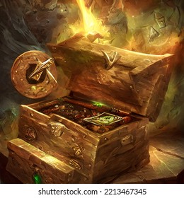 Opened Treasure Chest, Evil Eyes, Fantasy Digital Art, Game Loot Box, 3d Render, 3d Illustration