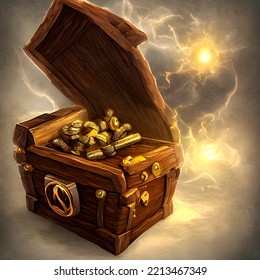 Opened Treasure Chest, Evil Eyes, Fantasy Digital Art, Game Loot Box, 3d Render, 3d Illustration