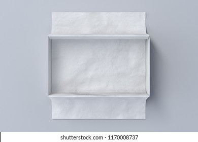 Opened White Shoe Box Container Without Cover On White Background With Wrapping Paper. Packaging Mockup. 3d Illustration